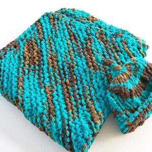 Hand Crafted Baby Blanket Hat Set Blue Brown Chunky Napper Swaddle Knit